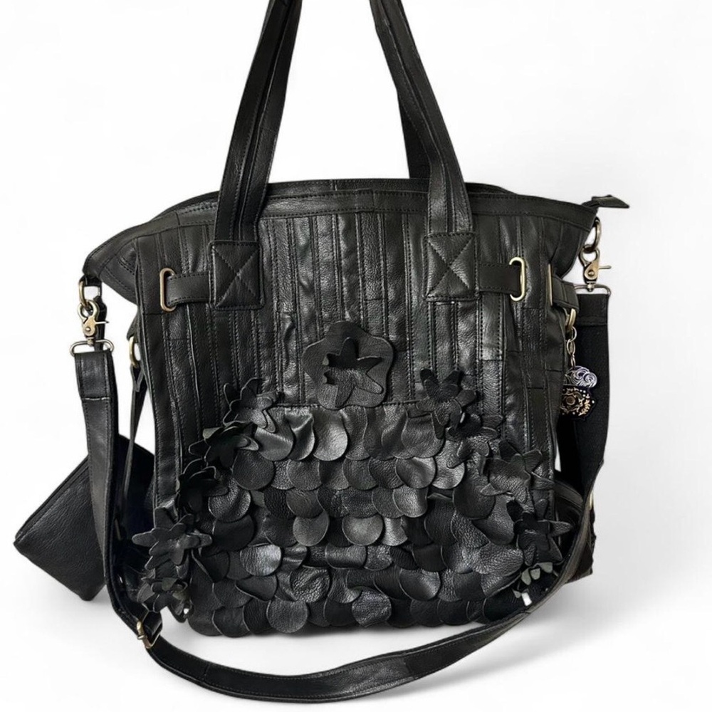 Chic Black Leather Tote with Floral Accents